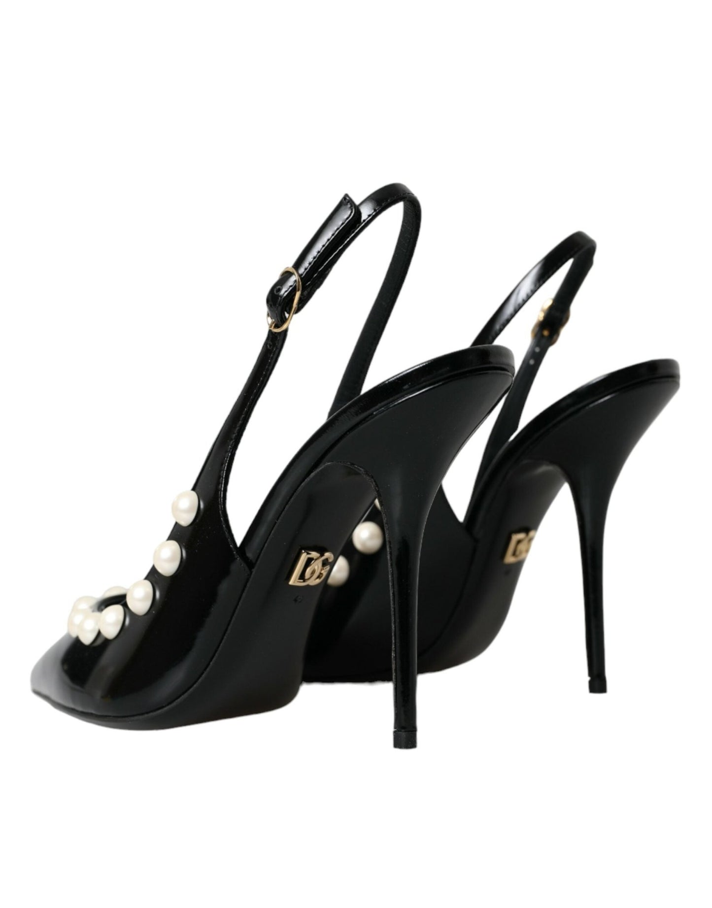 Dolce & Gabbana Black Leather Faux Pearl Heel Slingback Shoes - SMARTMARTNZ