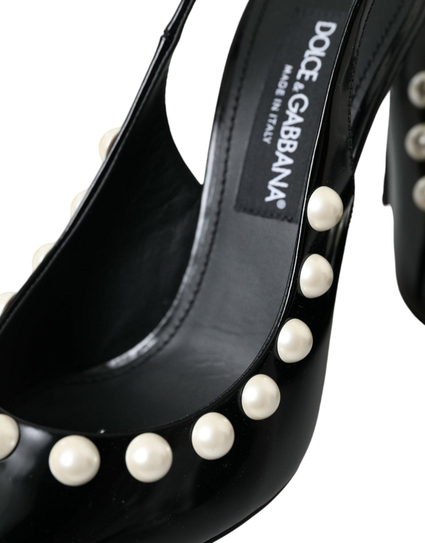 Dolce & Gabbana Black Leather Faux Pearl Heel Slingback Shoes - SMARTMARTNZ