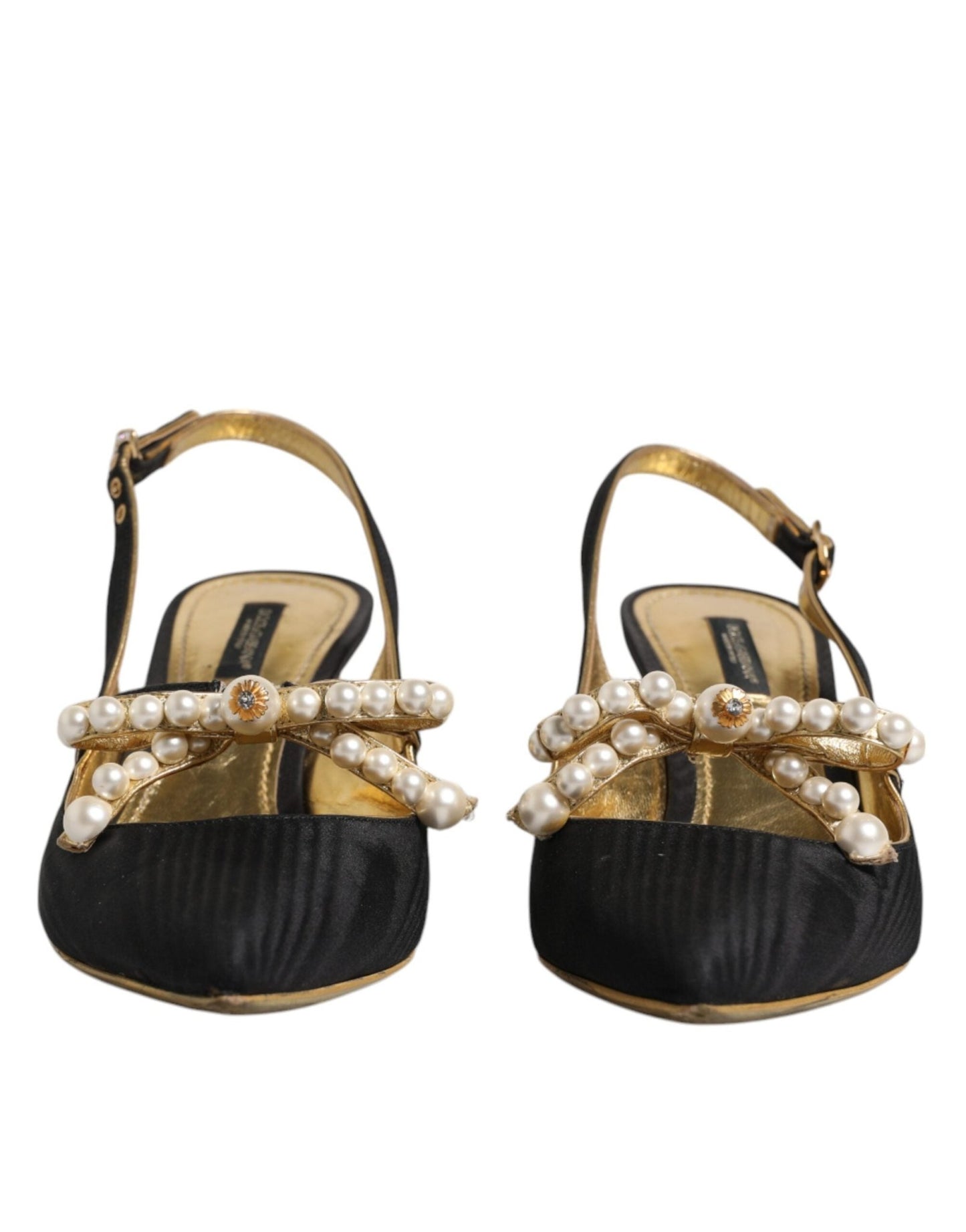Dolce & Gabbana Black Leather Faux Pearls Slingbacks Shoes - SMARTMARTNZ