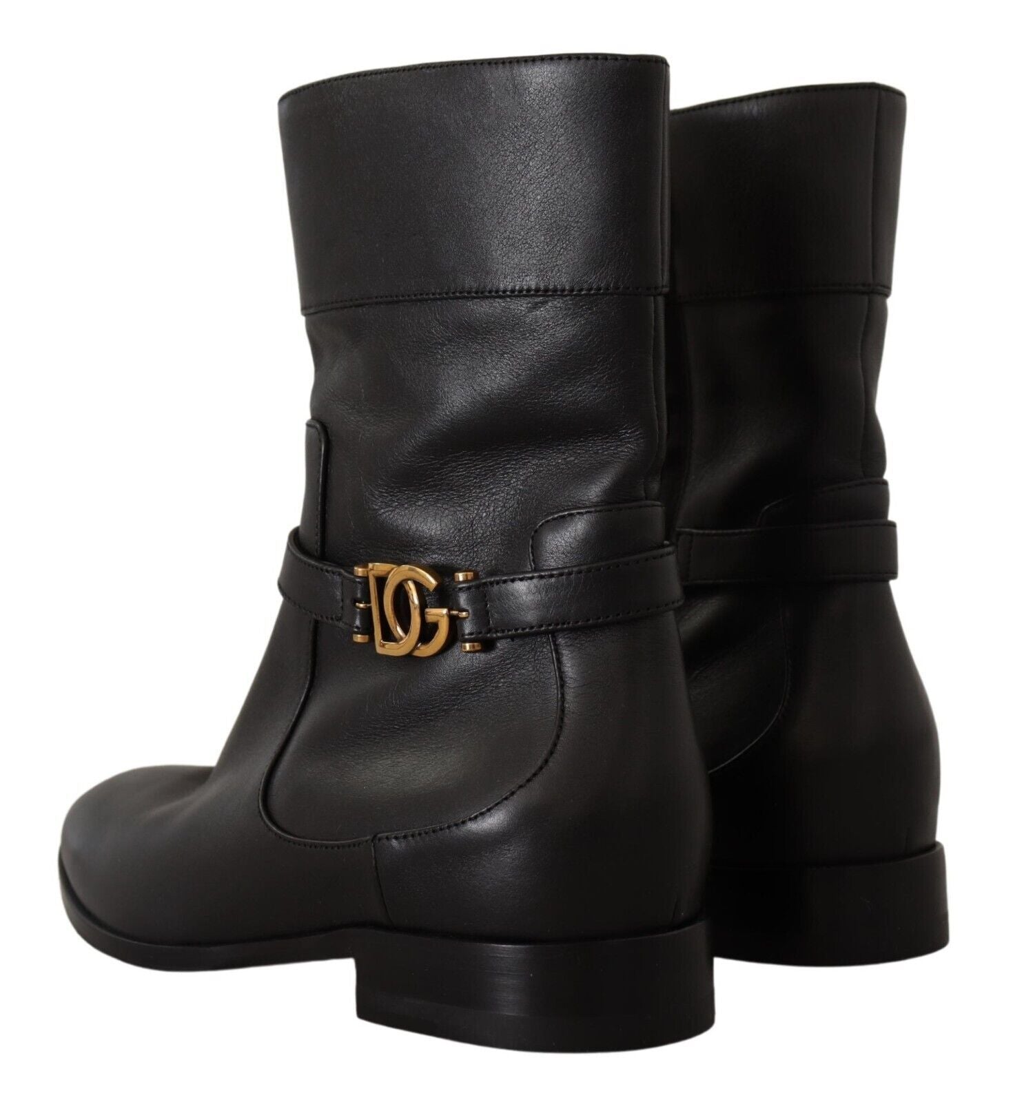 Dolce & Gabbana Black Leather Flats Logo Short Boots Shoes - SMARTMARTNZ