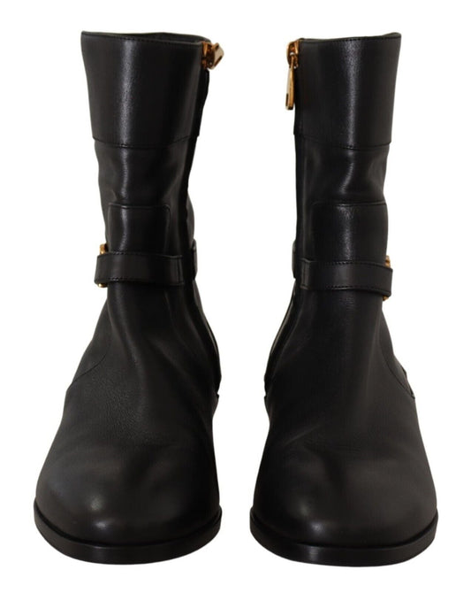 Dolce & Gabbana Black Leather Flats Logo Short Boots Shoes - SMARTMARTNZ