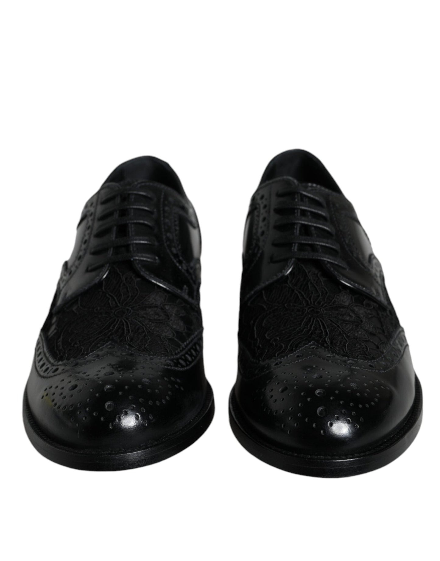 Dolce & Gabbana Black Leather Floral Lace Dress Formal Shoes - SMARTMARTNZ