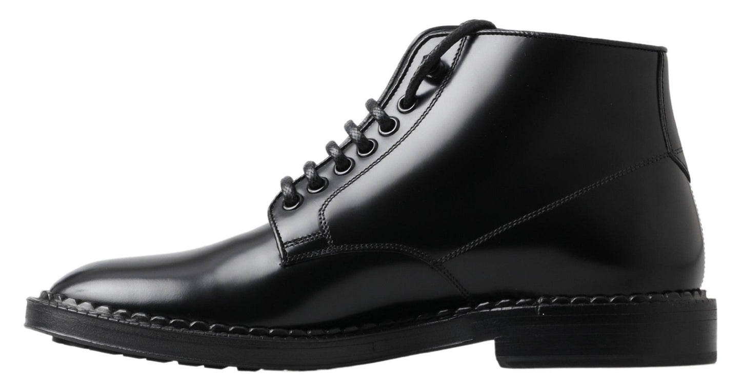 Dolce & Gabbana Black Leather Men Short Boots Lace Up Shoes - SMARTMARTNZ