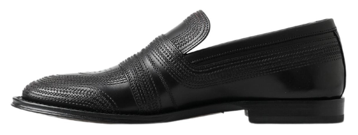 Dolce & Gabbana Black Leather Slipper Loafers Stitched Shoes - SMARTMARTNZ