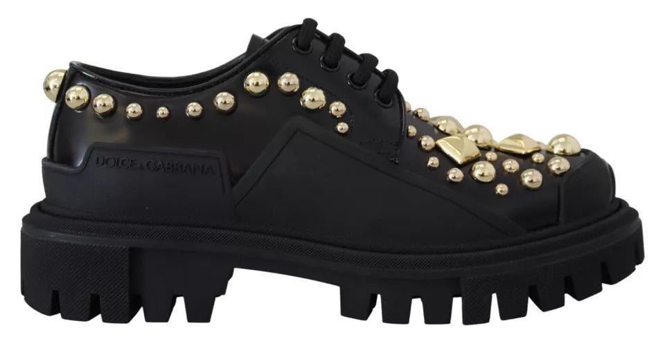 Dolce & Gabbana Black Leather Trekking Derby Embellished Shoes - SMARTMARTNZ