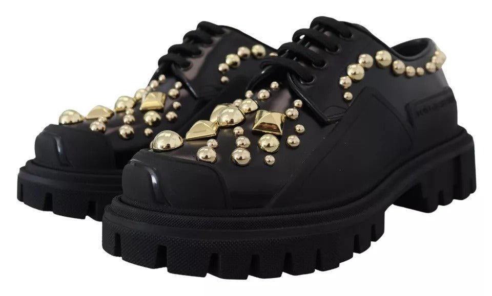 Dolce & Gabbana Black Leather Trekking Derby Embellished Shoes - SMARTMARTNZ