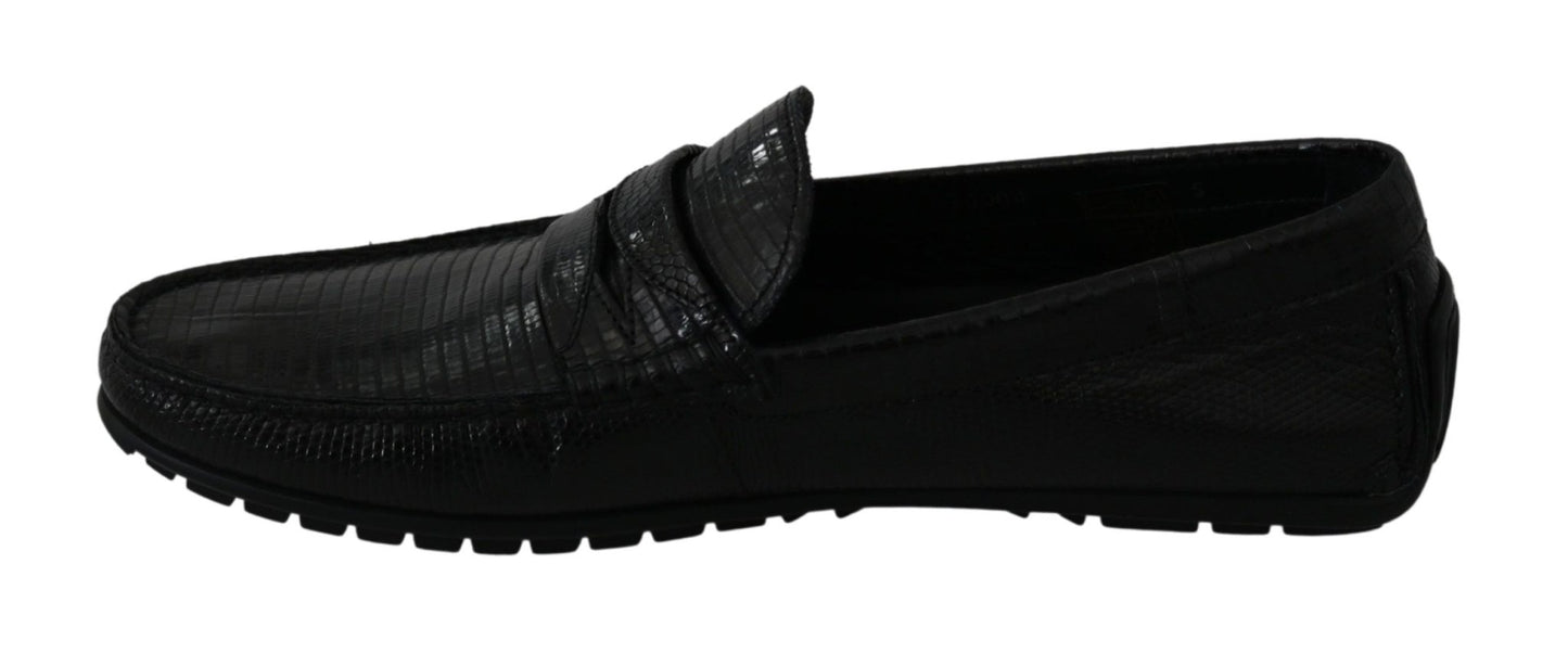Dolce & Gabbana Black Lizard Leather Flat Loafers Shoes - SMARTMARTNZ