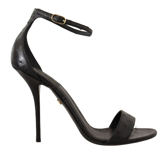 Dolce & Gabbana Black Ostrich Ankle Strap Heels Sandals Shoes - SMARTMARTNZ