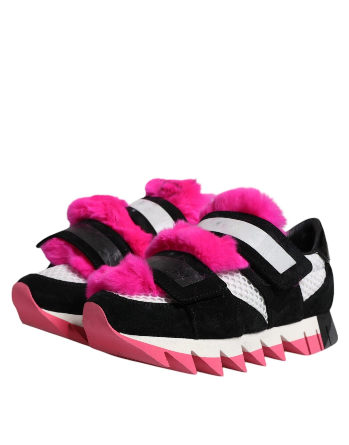 Dolce & Gabbana Black Pink Fur Embellished Sneakers Shoes - SMARTMARTNZ