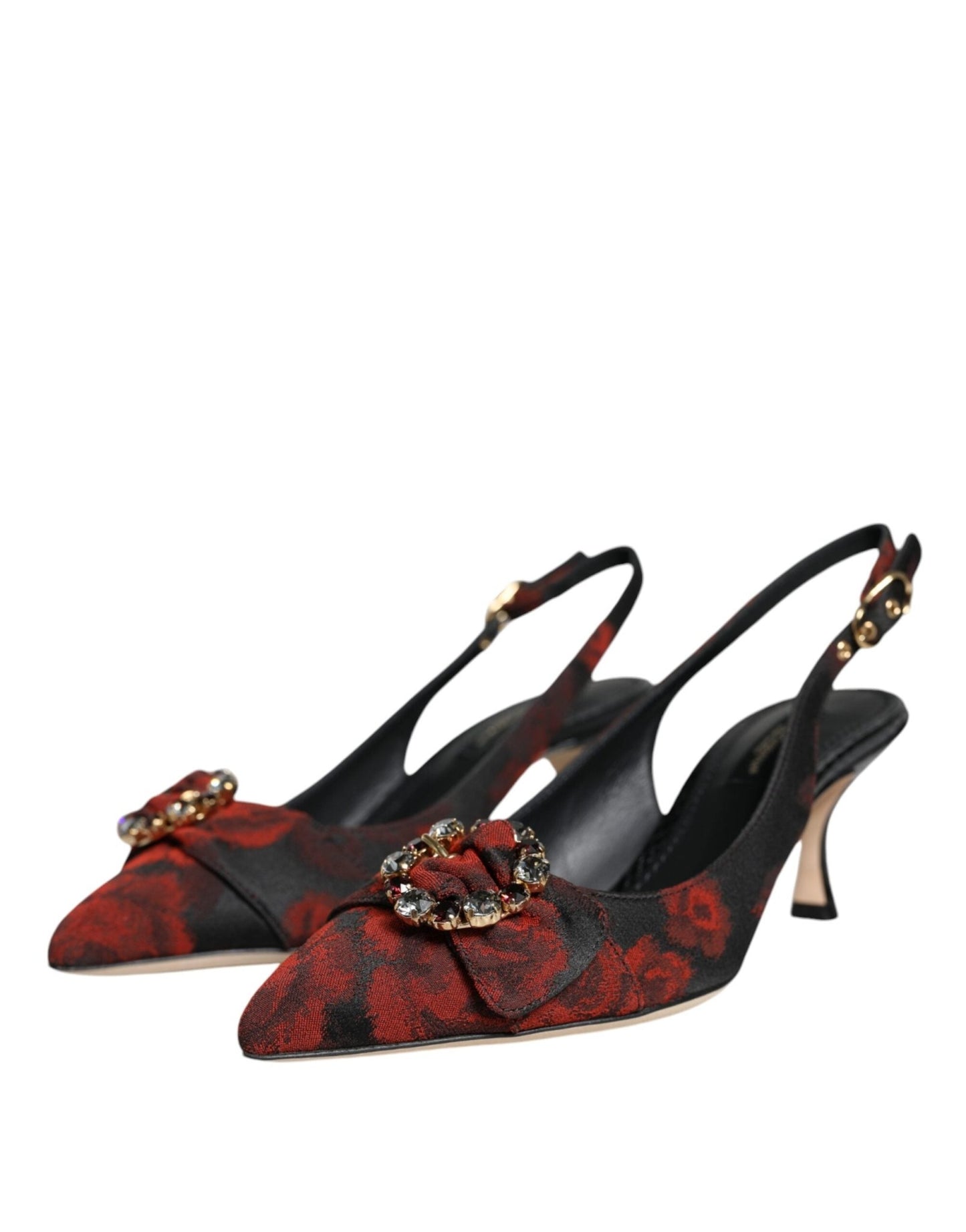 Dolce & Gabbana Black Red Floral Crystal Heel Slingback Shoes - SMARTMARTNZ