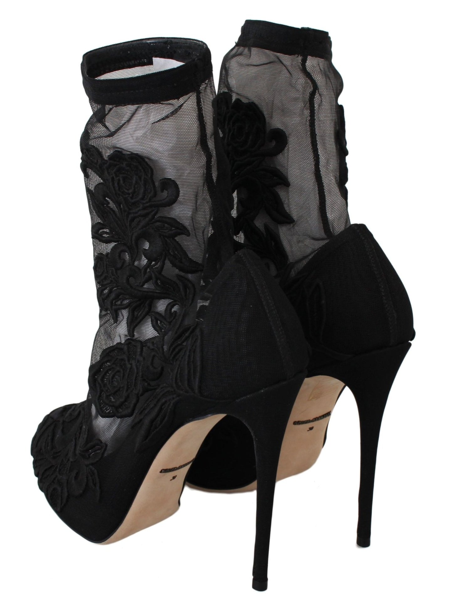 Dolce & Gabbana Black Roses Stilettos Booties Socks Shoes - SMARTMARTNZ