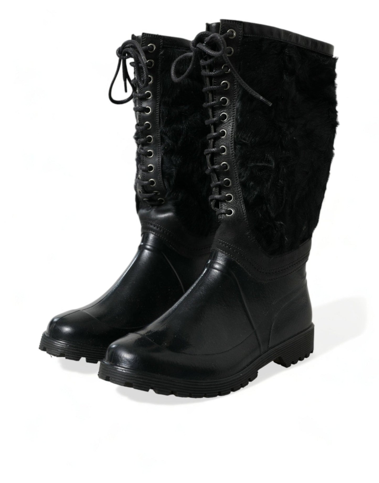 Dolce & Gabbana Black Rubber Lace Up Shearling Rain Boots Shoes - SMARTMARTNZ