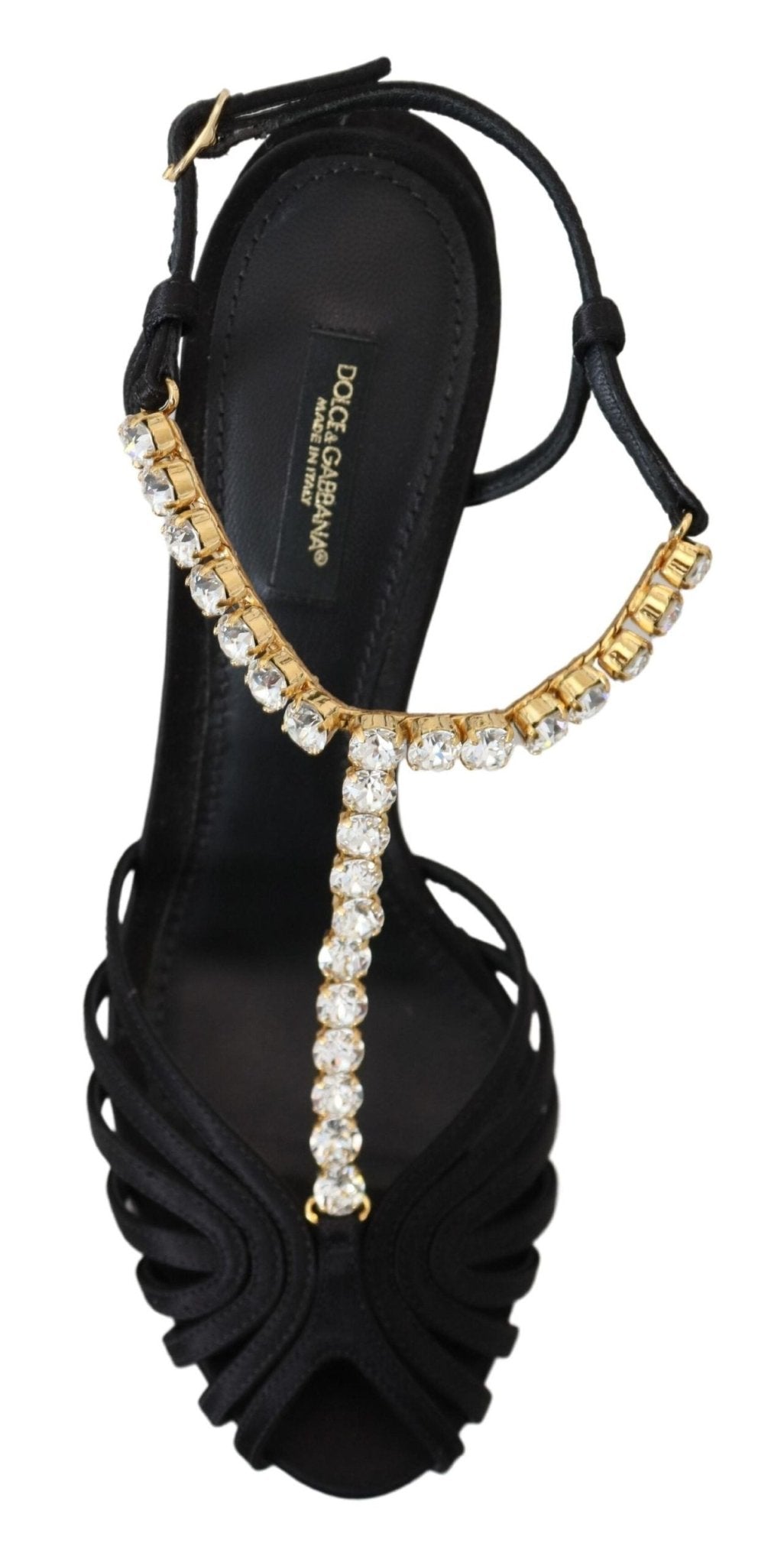 Dolce & Gabbana Black Satin Clear Crystal T - strap Sandal Shoes - SMARTMARTNZ