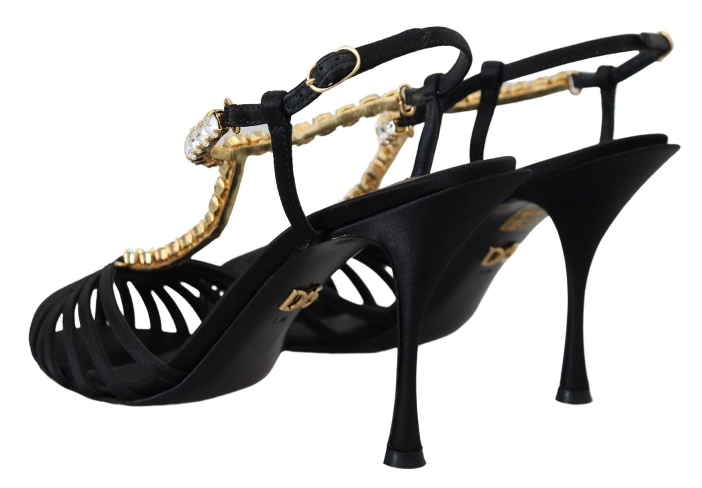 Dolce & Gabbana Black Satin Clear Crystal T - strap Sandal Shoes - SMARTMARTNZ