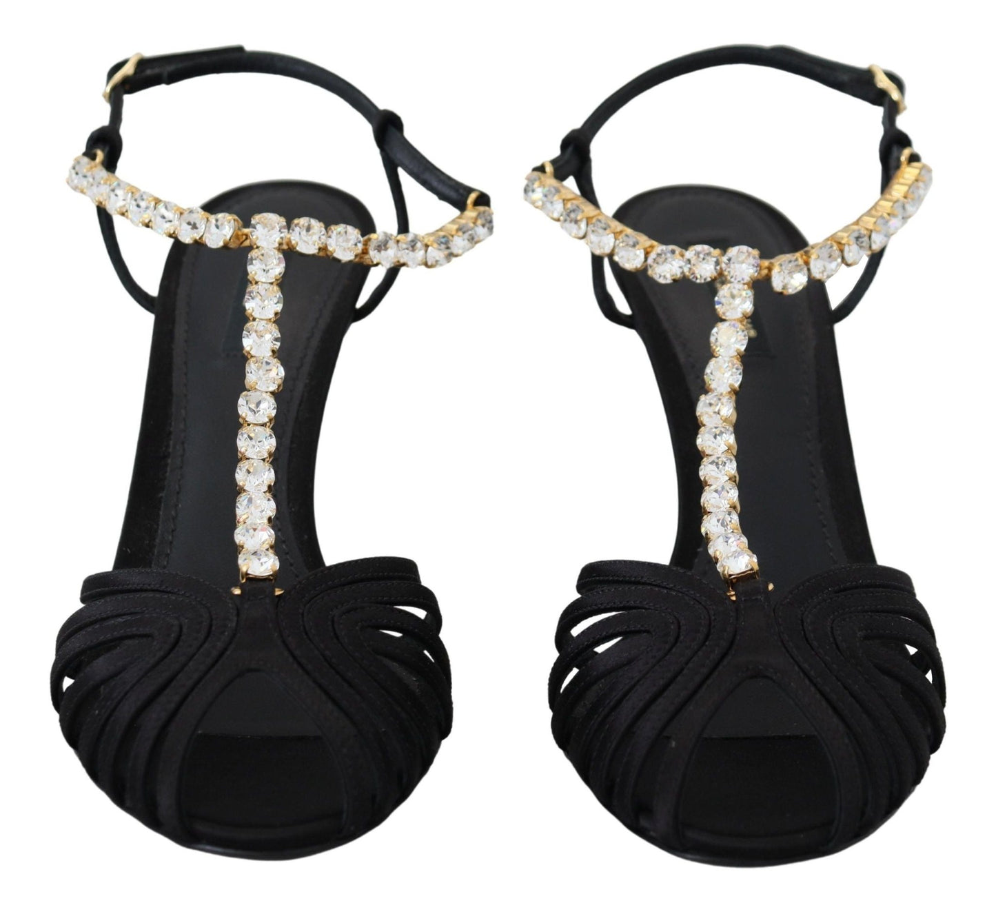 Dolce & Gabbana Black Satin Clear Crystal T - strap Sandal Shoes - SMARTMARTNZ