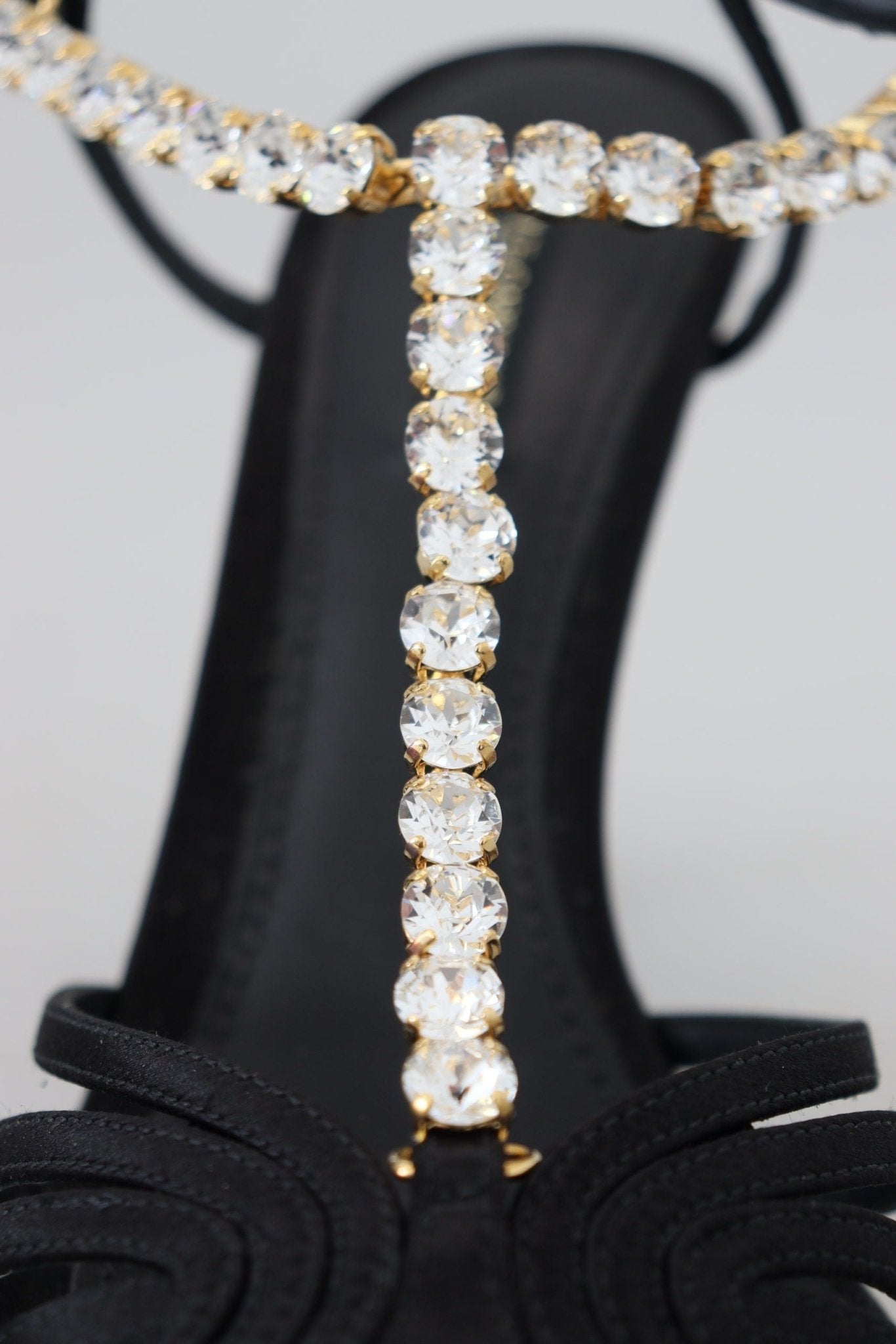 Dolce & Gabbana Black Satin Clear Crystal T - strap Sandal Shoes - SMARTMARTNZ