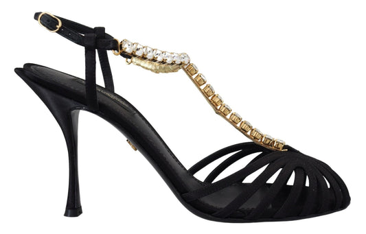 Dolce & Gabbana Black Satin Clear Crystal T - strap Sandal Shoes - SMARTMARTNZ