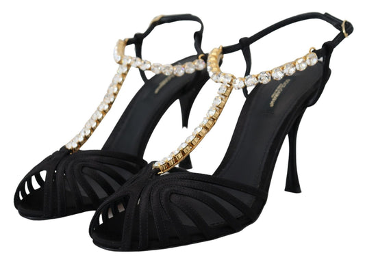 Dolce & Gabbana Black Satin Clear Crystal T - strap Sandal Shoes - SMARTMARTNZ