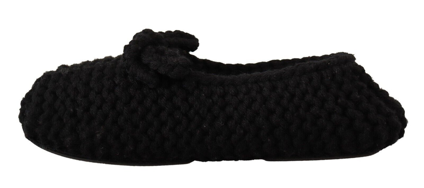 Dolce & Gabbana Black Slip On Ballerina Flats Wool Knit Shoes - SMARTMARTNZ