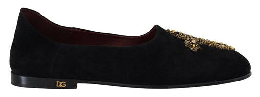 Dolce & Gabbana Black Suede Gold Cross Slip On Loafers Shoes - SMARTMARTNZ