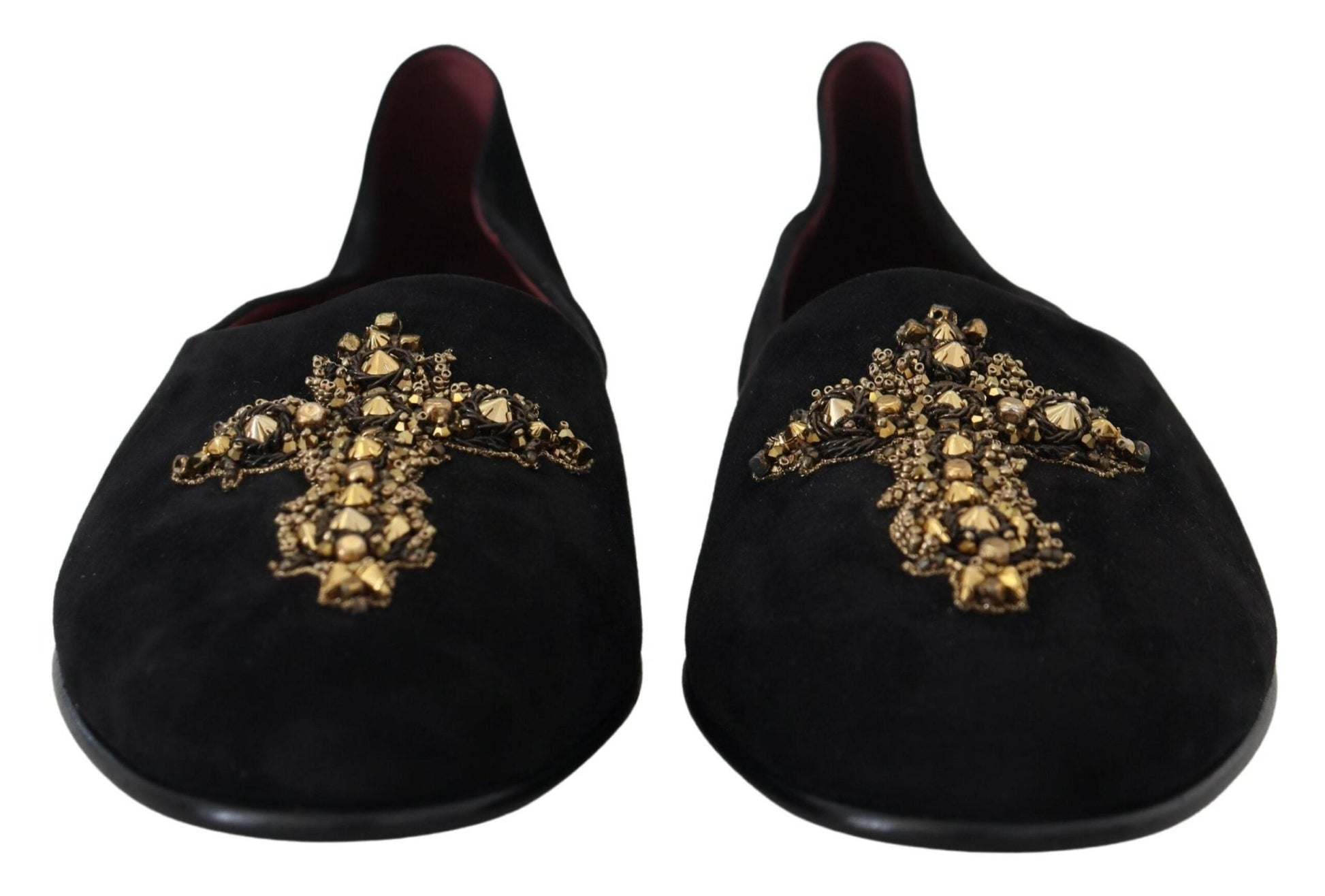 Dolce & Gabbana Black Suede Gold Cross Slip On Loafers Shoes - SMARTMARTNZ