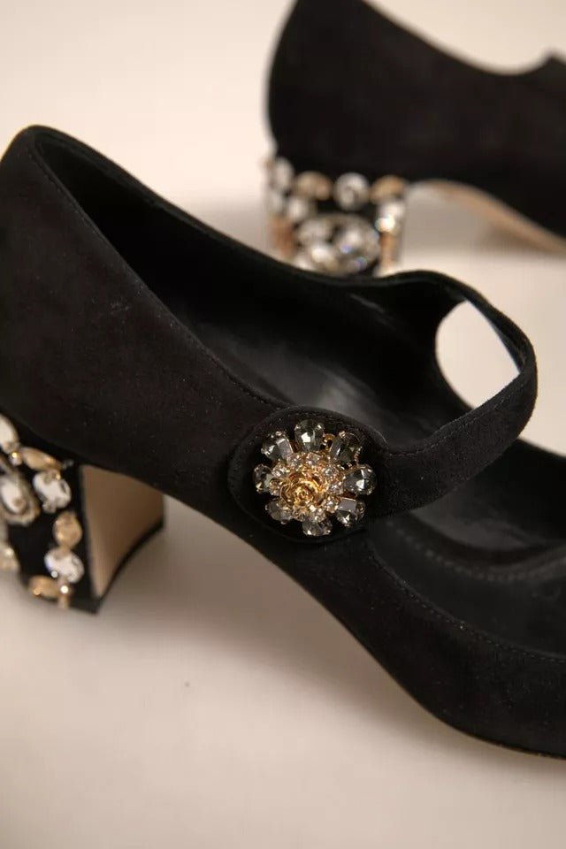Dolce & Gabbana Black Suede Jewelled Mary Jane Pumps Shoes - SMARTMARTNZ