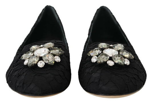 Dolce & Gabbana Black Taormina Lace Crystals Flats Shoes - SMARTMARTNZ