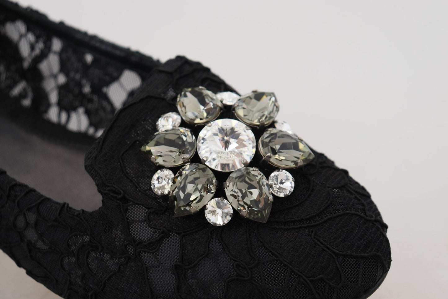 Dolce & Gabbana Black Taormina Lace Crystals Flats Shoes - SMARTMARTNZ