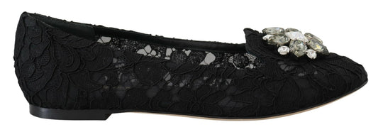 Dolce & Gabbana Black Taormina Lace Crystals Flats Shoes - SMARTMARTNZ