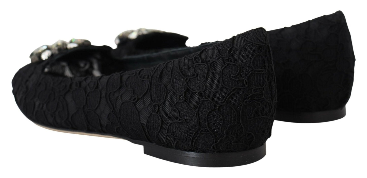 Dolce & Gabbana Black Taormina Lace Crystals Flats Shoes - SMARTMARTNZ