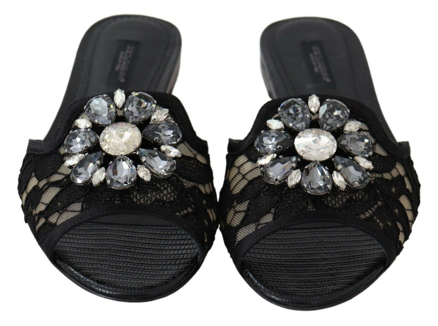 Dolce & Gabbana Black Taormina Lace Slides Crystals Flats Shoes - SMARTMARTNZ