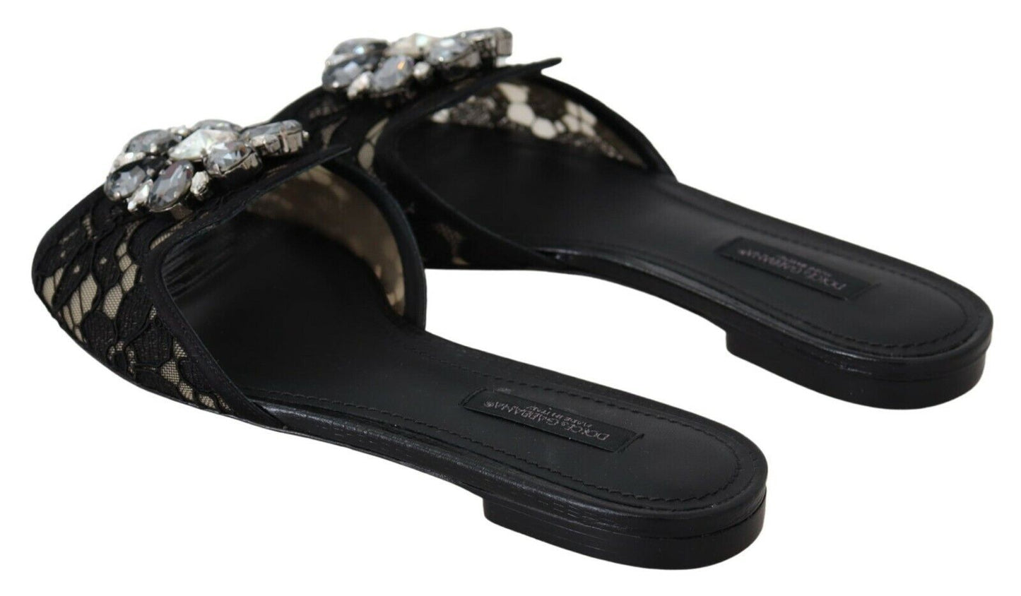 Dolce & Gabbana Black Taormina Lace Slides Crystals Flats Shoes - SMARTMARTNZ