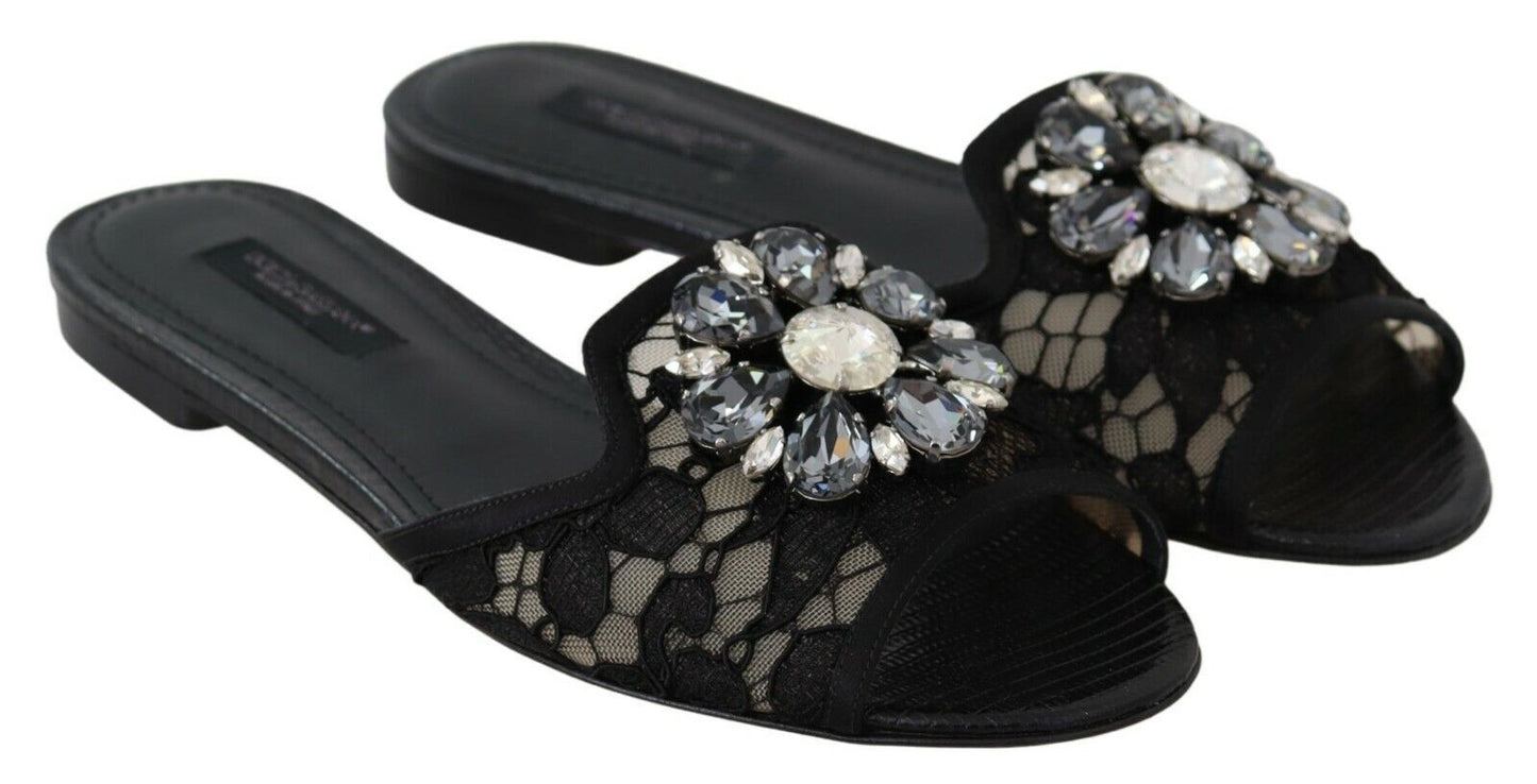 Dolce & Gabbana Black Taormina Lace Slides Crystals Flats Shoes - SMARTMARTNZ