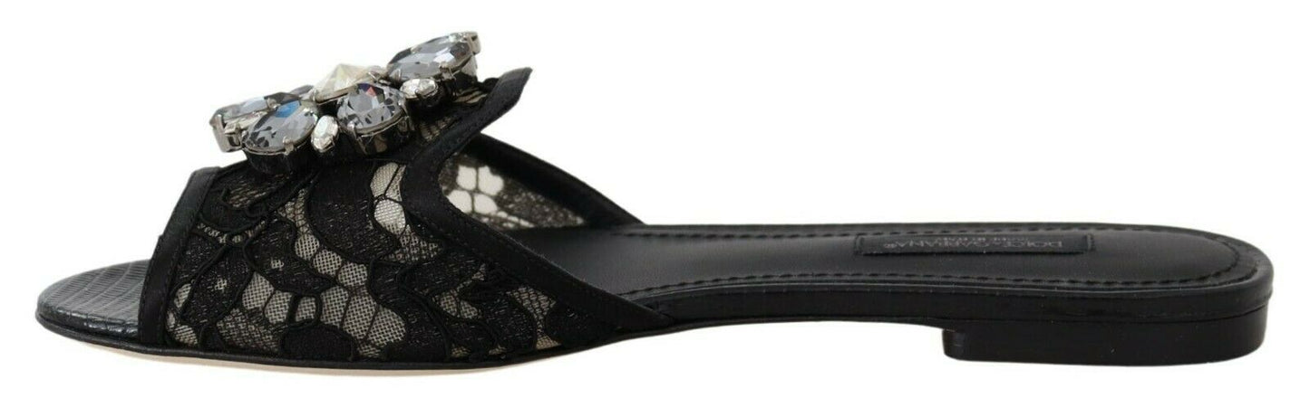 Dolce & Gabbana Black Taormina Lace Slides Crystals Flats Shoes - SMARTMARTNZ