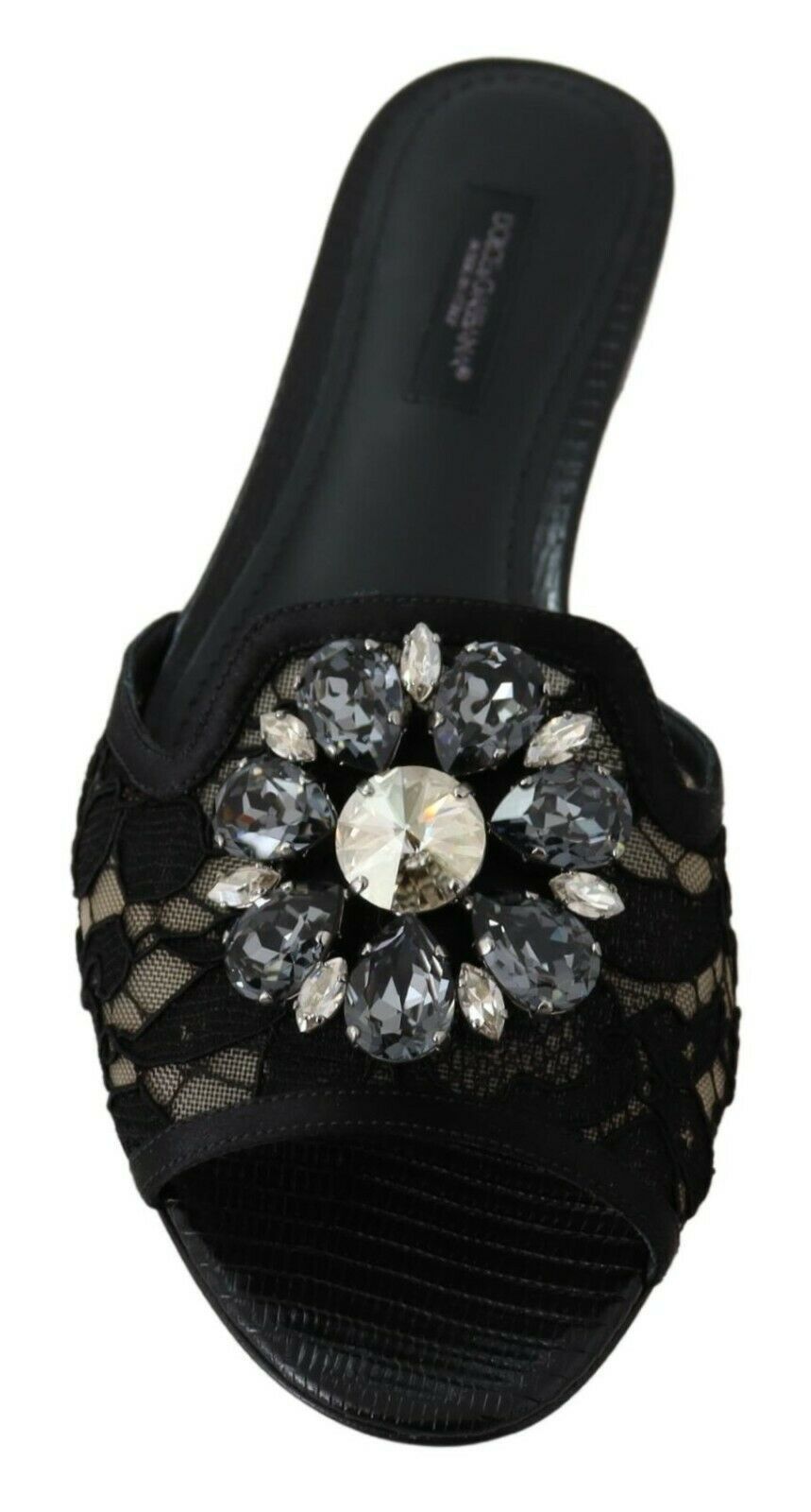Dolce & Gabbana Black Taormina Lace Slides Crystals Flats Shoes - SMARTMARTNZ