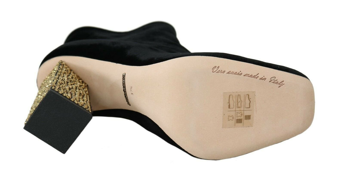 Dolce & Gabbana Black Velvet Crystal Square Heels Shoes - SMARTMARTNZ