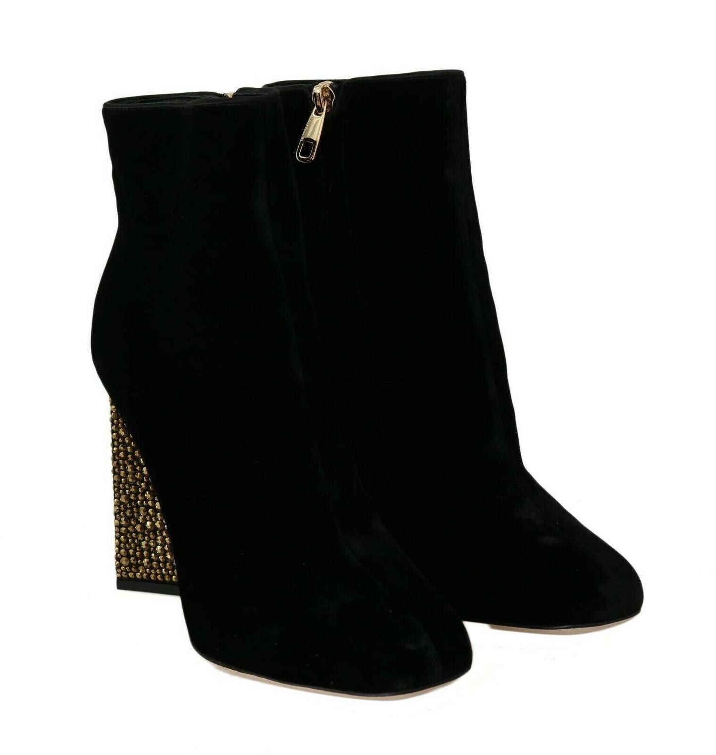 Dolce & Gabbana Black Velvet Crystal Square Heels Shoes - SMARTMARTNZ