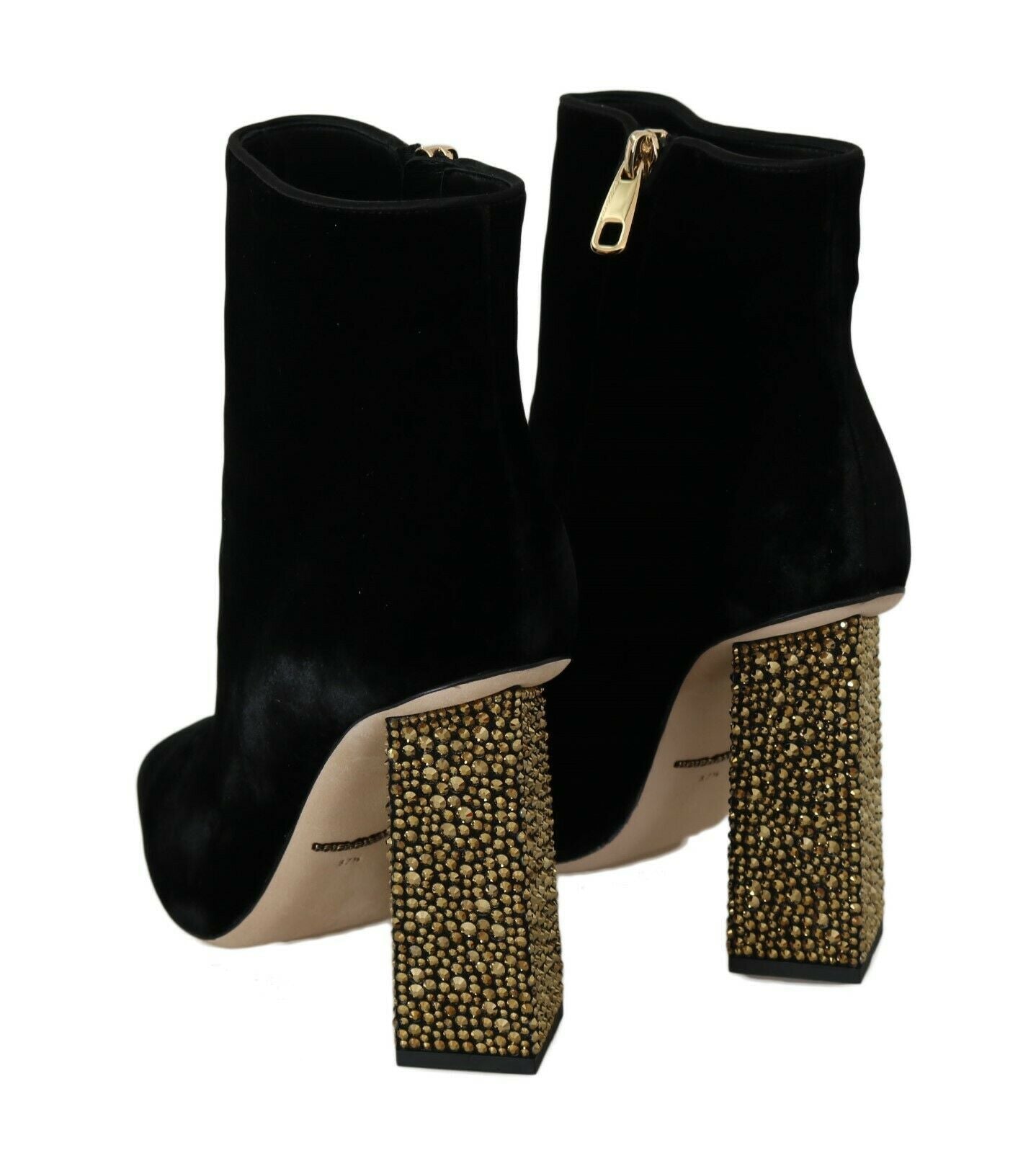 Dolce & Gabbana Black Velvet Crystal Square Heels Shoes - SMARTMARTNZ