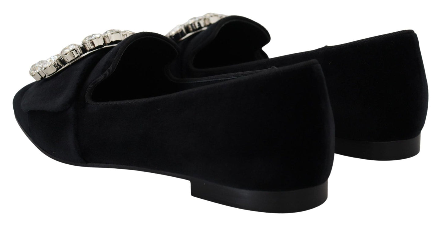 Dolce & Gabbana Black Velvet Crystals Loafers Flats Shoes - SMARTMARTNZ