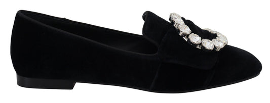 Dolce & Gabbana Black Velvet Crystals Loafers Flats Shoes - SMARTMARTNZ