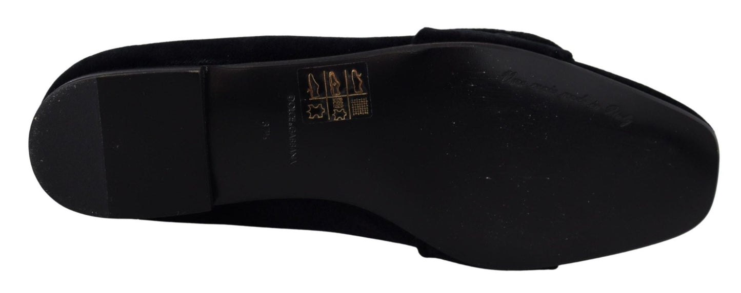 Dolce & Gabbana Black Velvet Crystals Loafers Flats Shoes - SMARTMARTNZ