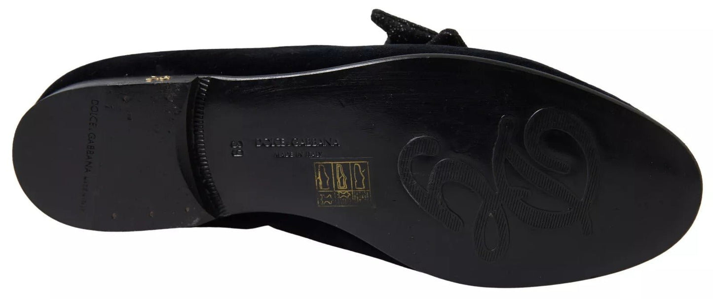 Dolce & Gabbana Black Velvet Flats Bow Young Queen Shoes - SMARTMARTNZ