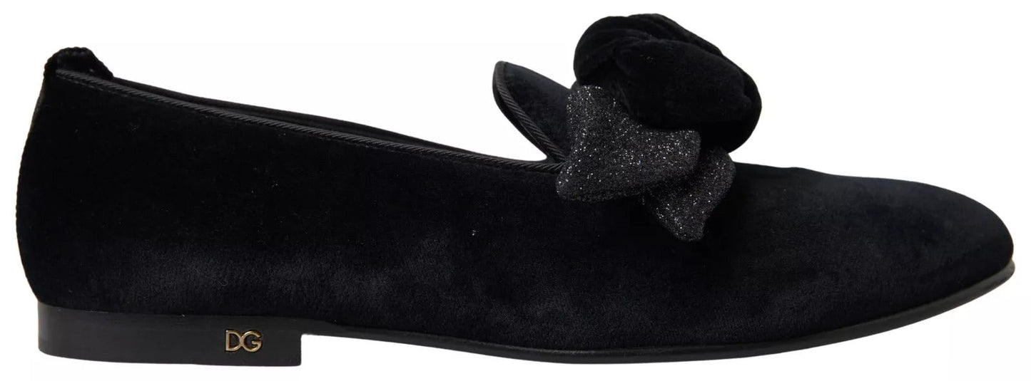 Dolce & Gabbana Black Velvet Flats Bow Young Queen Shoes - SMARTMARTNZ
