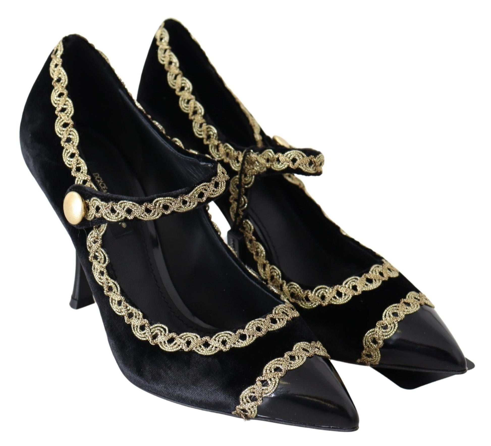 Dolce & Gabbana Black Velvet Gold Mary Janes Pumps - SMARTMARTNZ