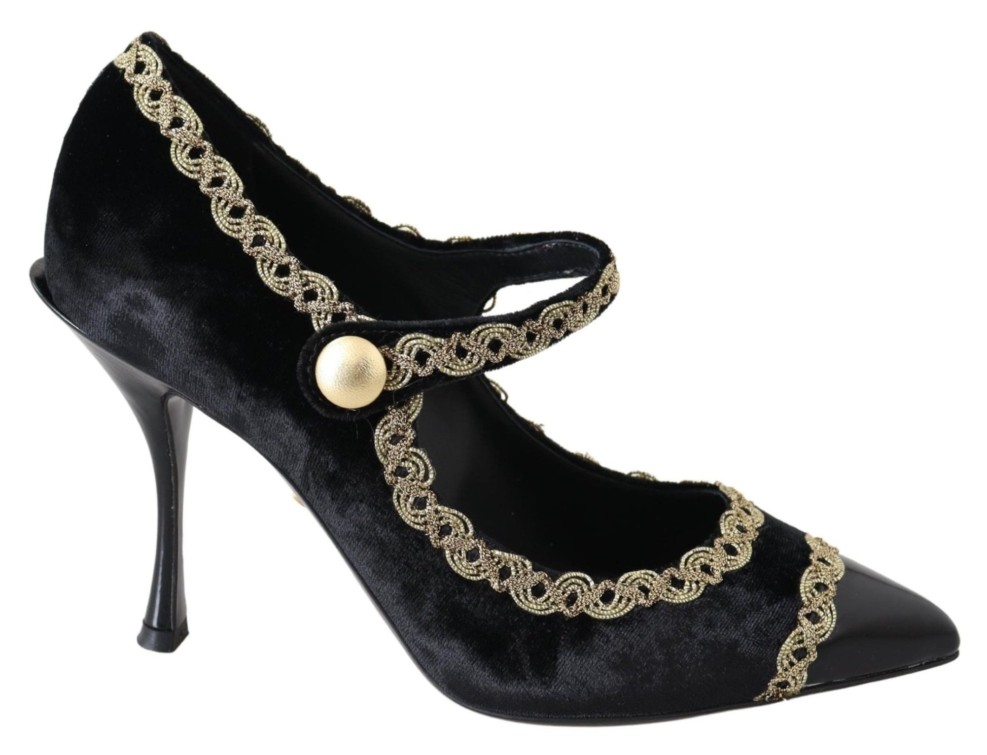 Dolce & Gabbana Black Velvet Gold Mary Janes Pumps - SMARTMARTNZ