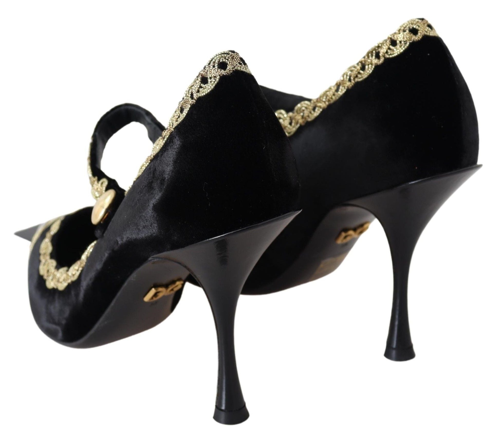 Dolce & Gabbana Black Velvet Gold Mary Janes Pumps - SMARTMARTNZ