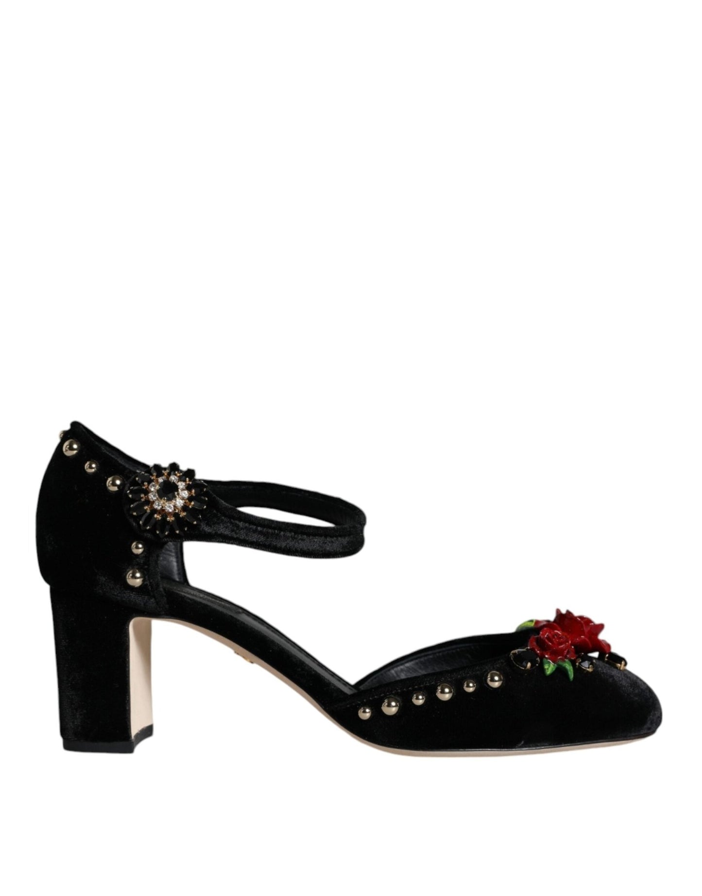 Dolce & Gabbana Black Velvet Roses Ankle Strap Pumps Shoes - SMARTMARTNZ
