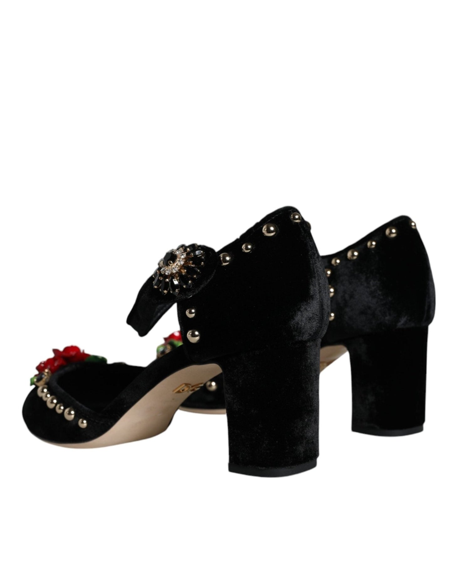 Dolce & Gabbana Black Velvet Roses Ankle Strap Pumps Shoes - SMARTMARTNZ