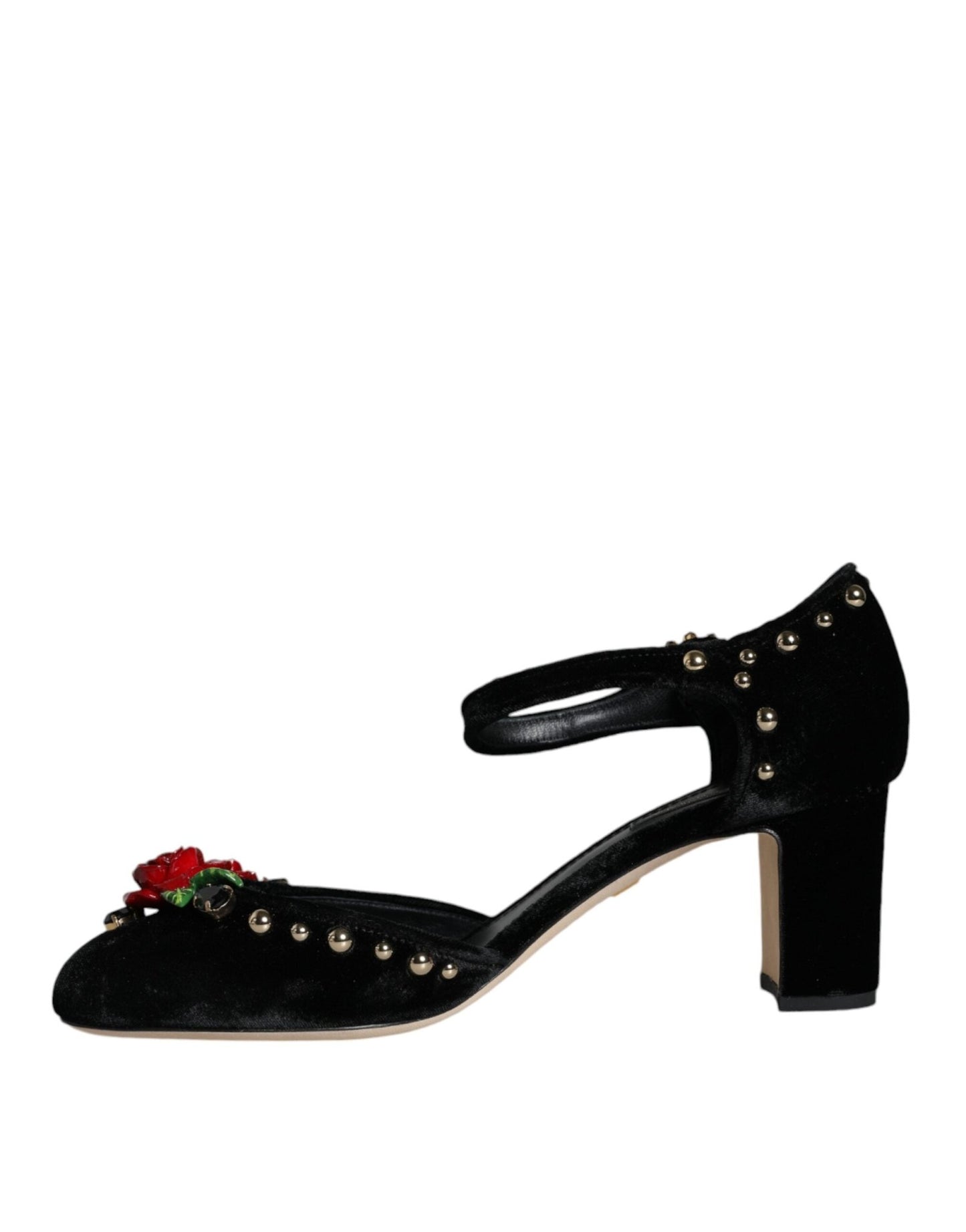 Dolce & Gabbana Black Velvet Roses Ankle Strap Pumps Shoes - SMARTMARTNZ