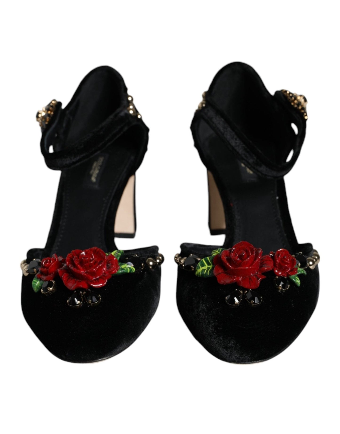 Dolce & Gabbana Black Velvet Roses Ankle Strap Pumps Shoes - SMARTMARTNZ